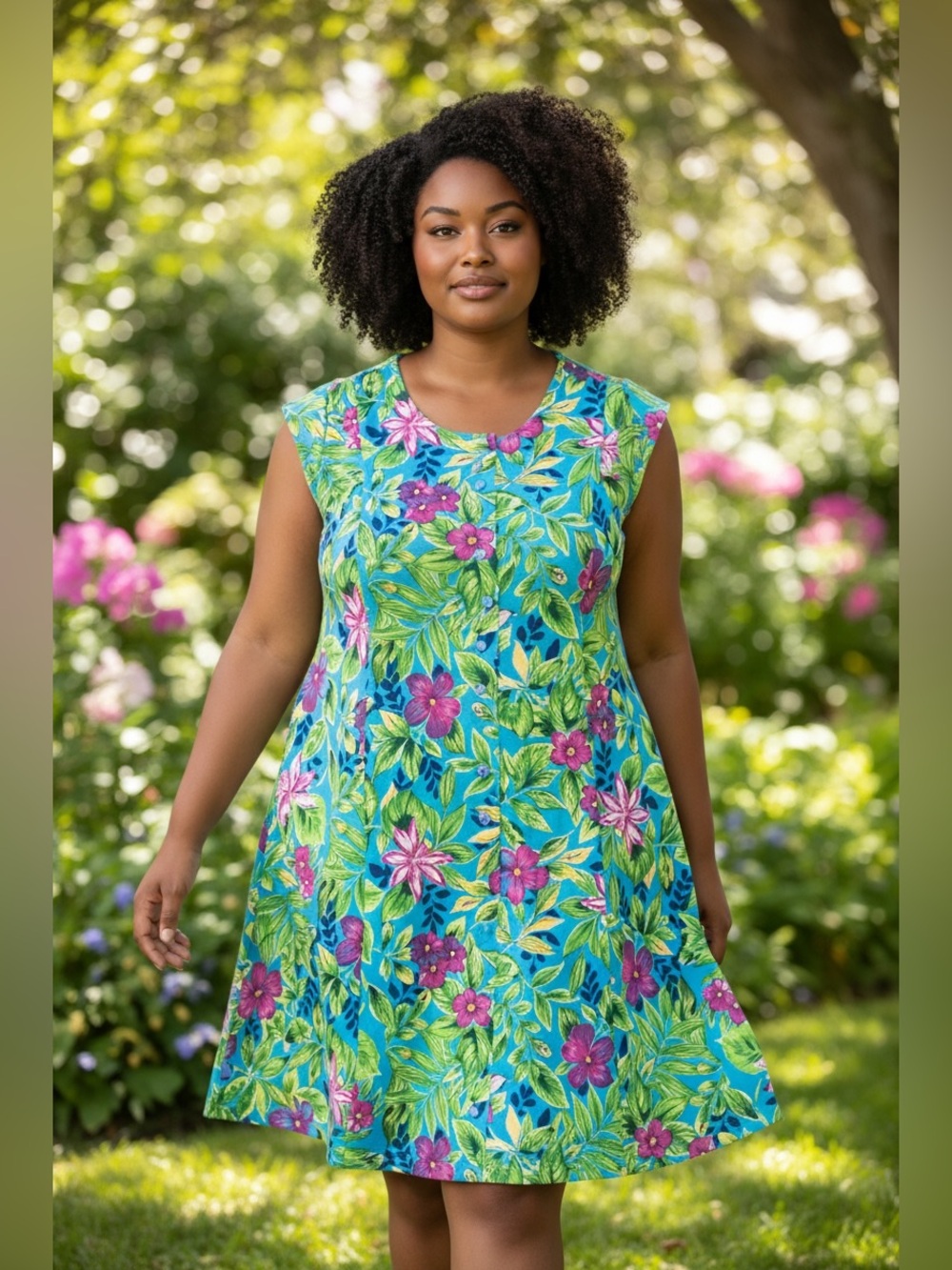 Bright Tropical Floral A-Line Dress Teal Mumu Hawaiian Style Pink & Green Bloom